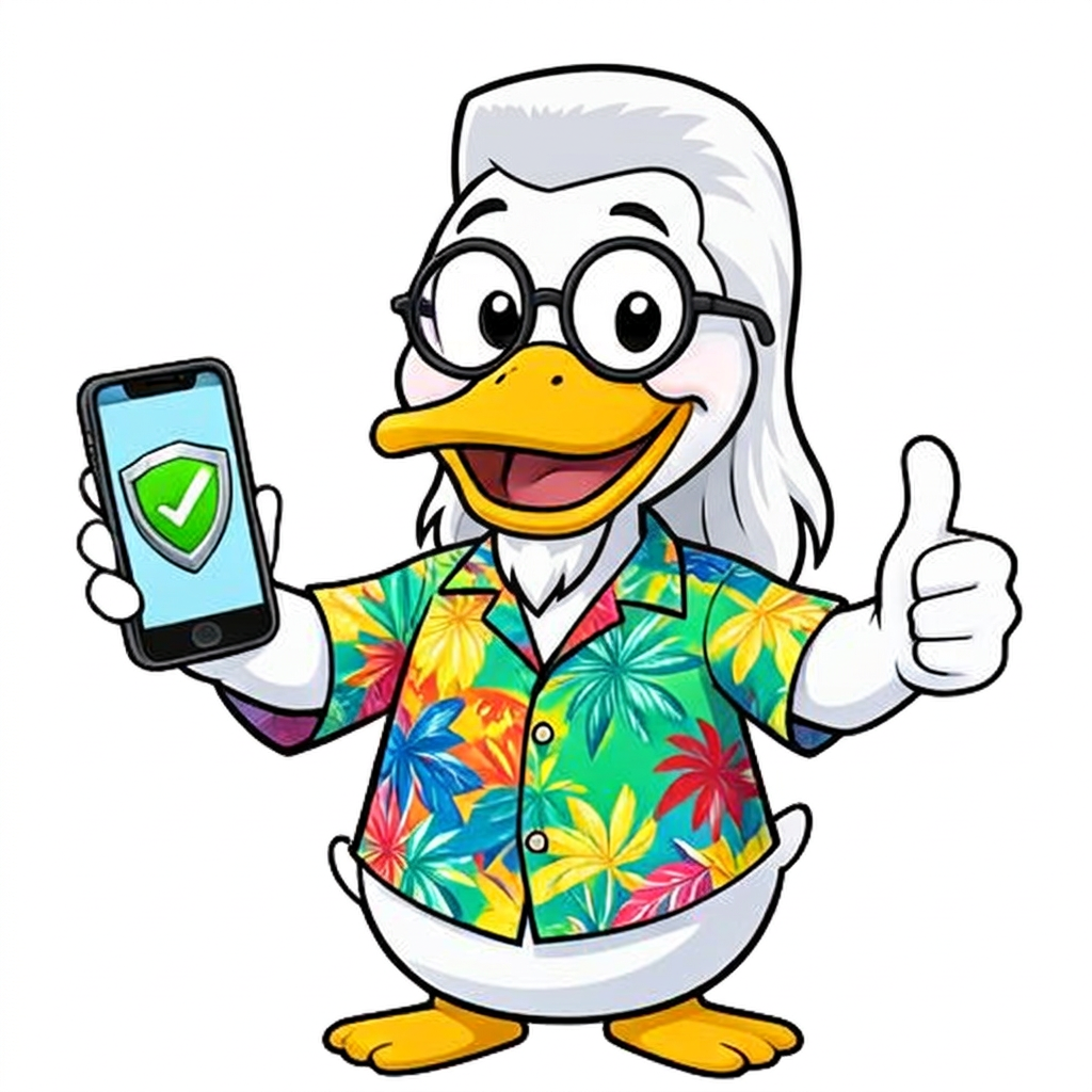 Irving T Duck holding a phone with a security shield and giving a thumbs up
