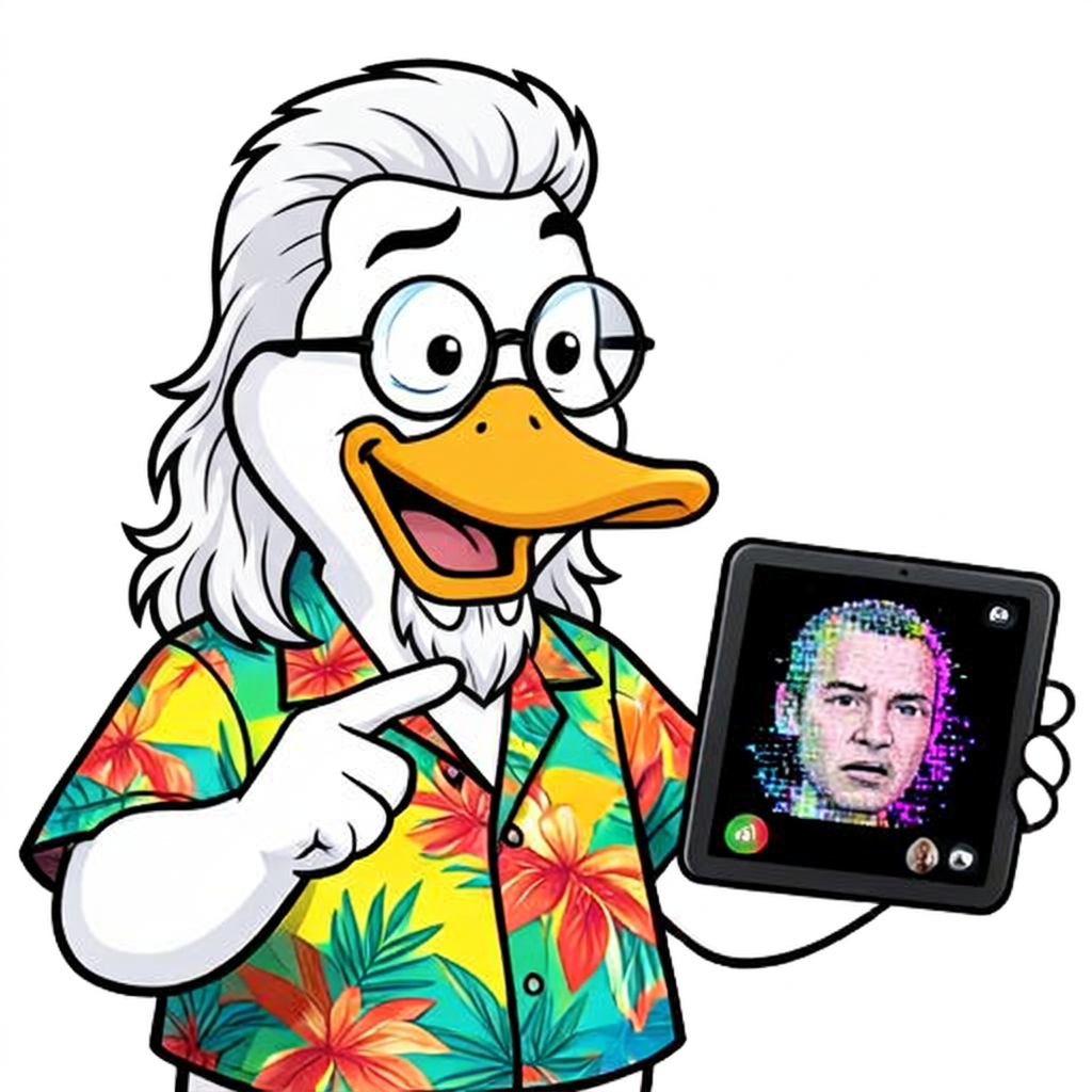Irving T Duck pointing at a glitchy deepfake face on a tablet