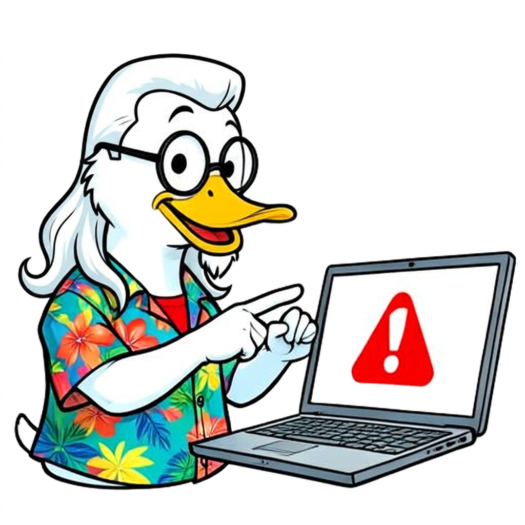 Irving T Duck pointing at a laptop showing a red warning sign
