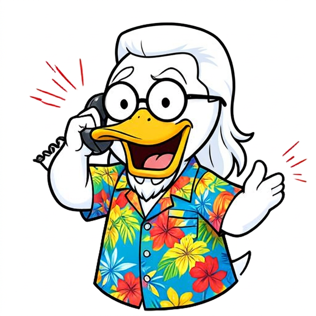 Irving T Duck urgently on the phone next to a flashing red siren