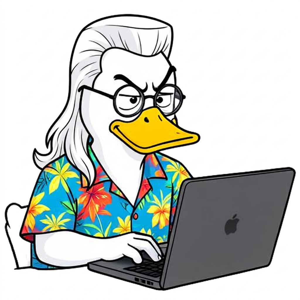 Irving T Duck warily eyeing a video call on his laptop